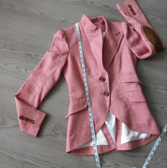 Smythe Linen Equestrian Leather Elbow Patch Blazer Pink Melange 4 - Picture 15 of 16